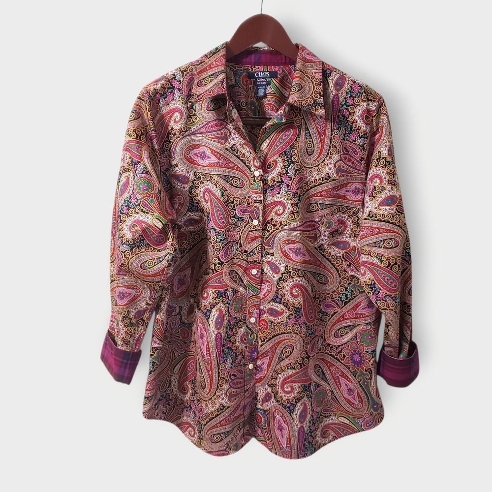 Chaps Womens 1X Paisley Button Up Shirt No Iron Multi Color Plaid Fold Cuffs